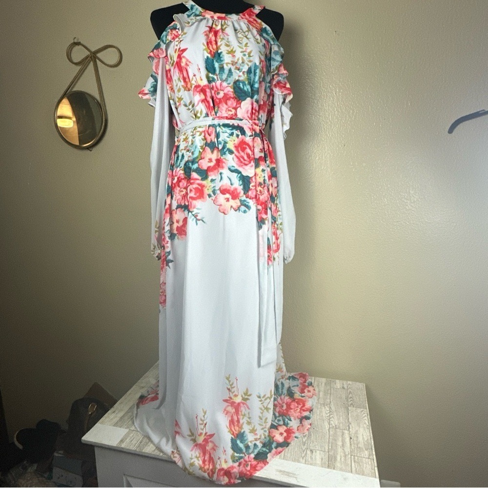 Gianni Binni dress White Cold Shoulder Pink Blue Floral Flowy Classy